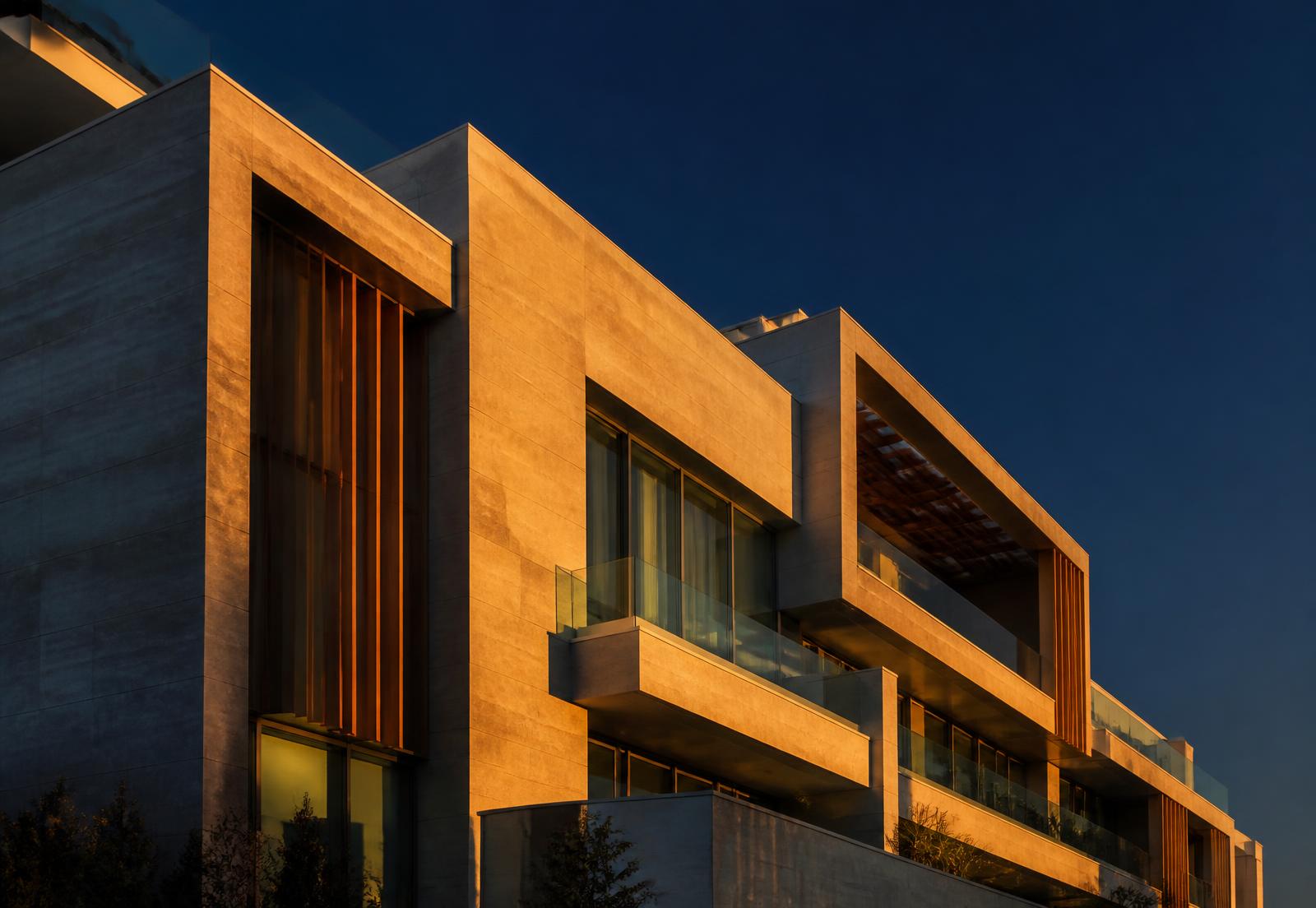 Modern building facade at golden hour
