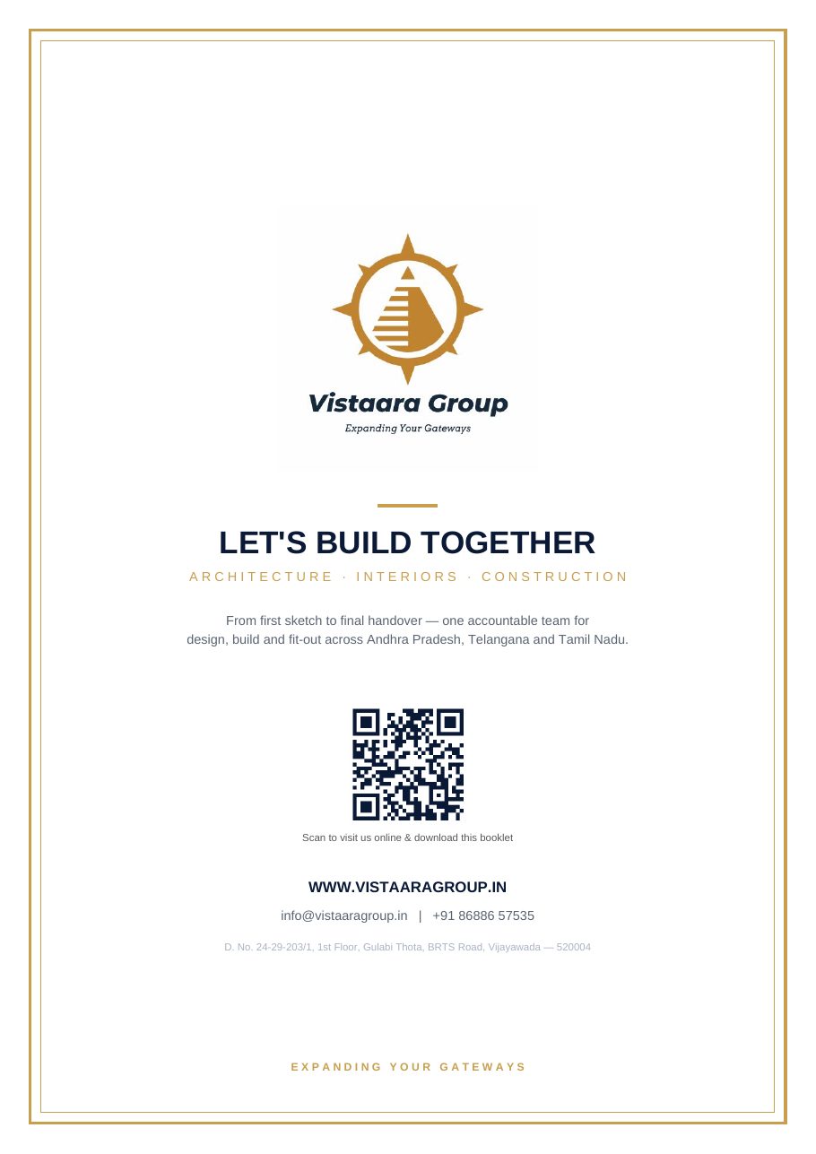 Vistaara Group booklet page 12 — Contact — Let's build together, Vijayawada